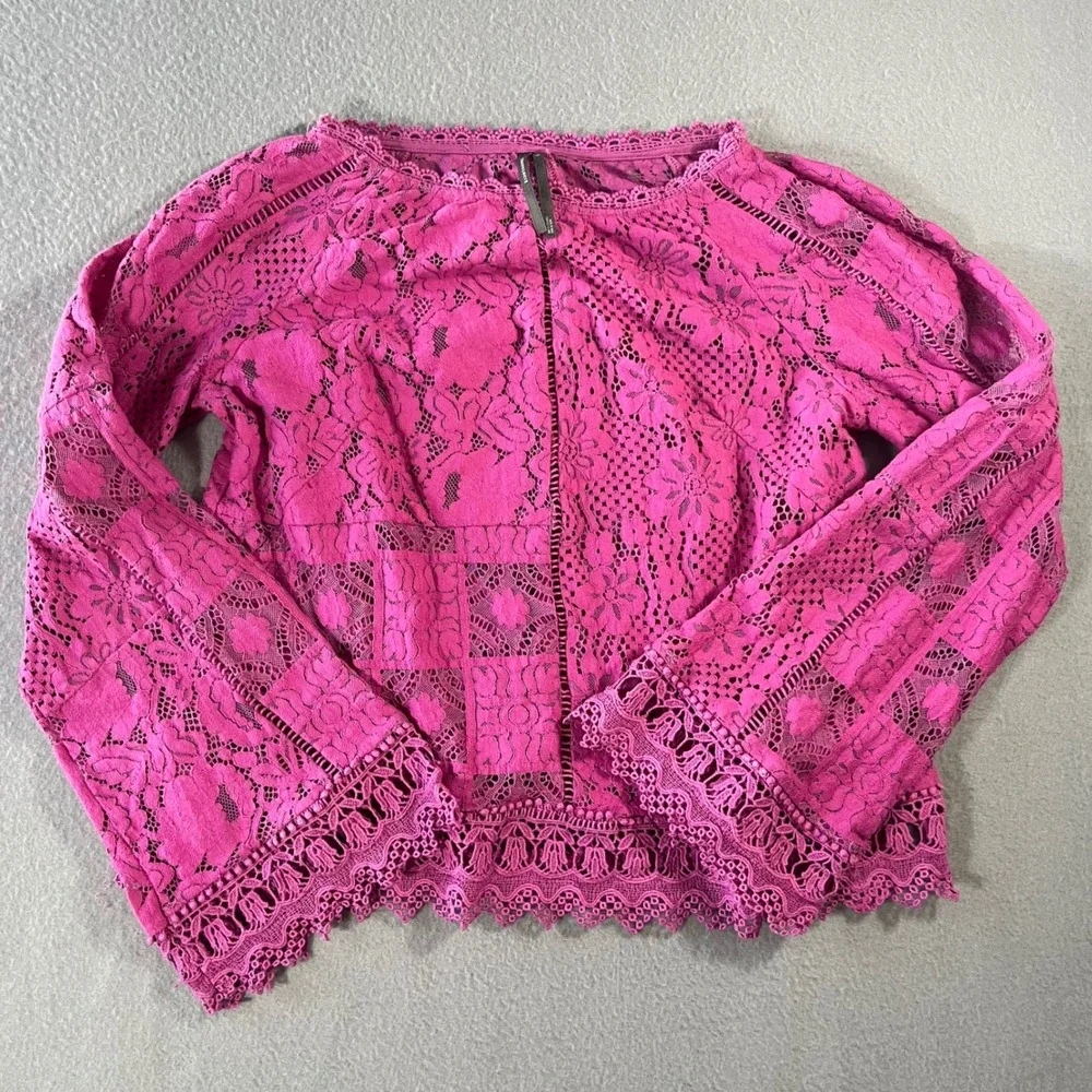 Anthropologie Womens Magenta Pink Floral Lace Bell Sleeve Boho Blouse Small